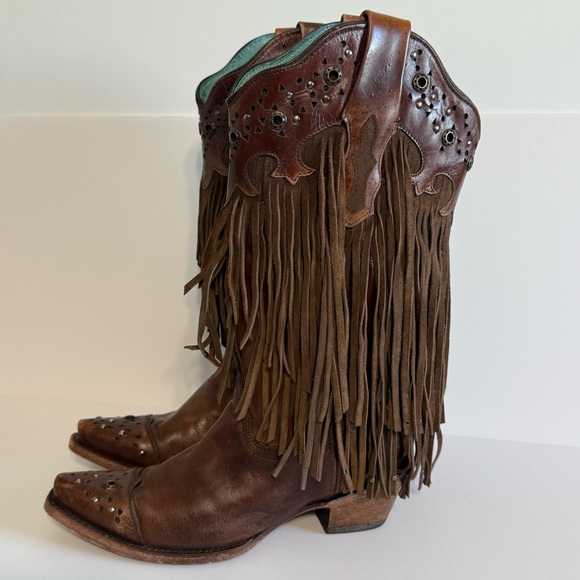 Corral Sierra Western Boots Stud Fringe Snip Toe Brown Size...